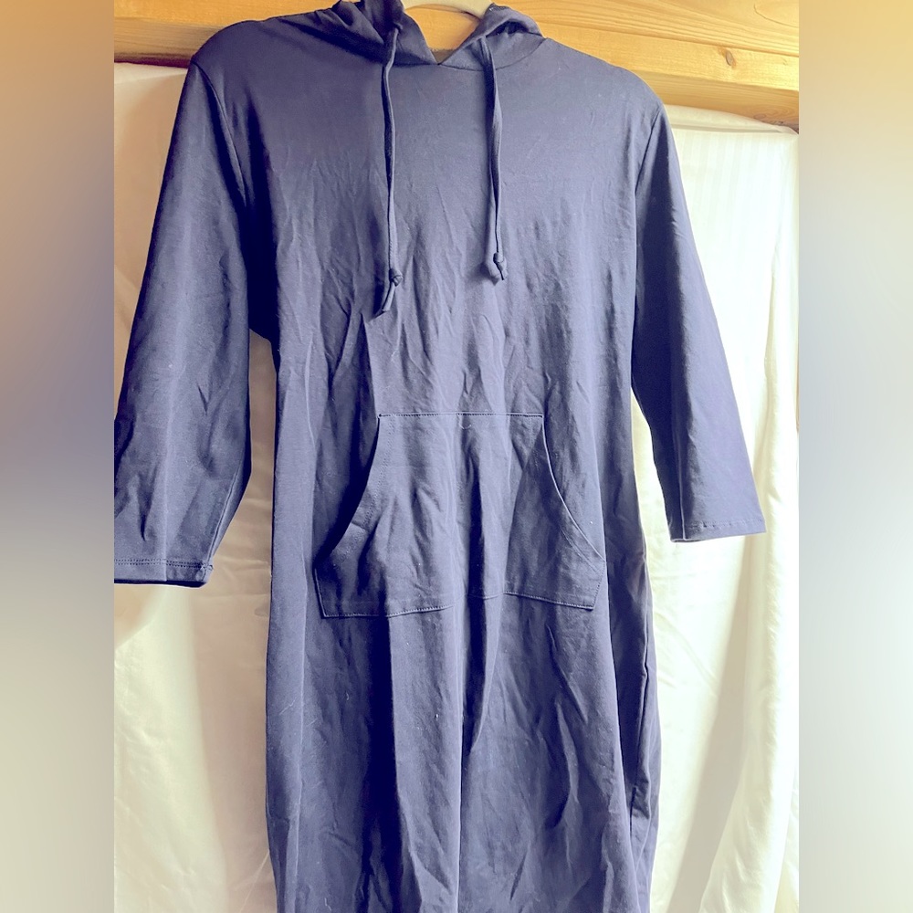 Blue travel dress, hood and kangaroo pocket.